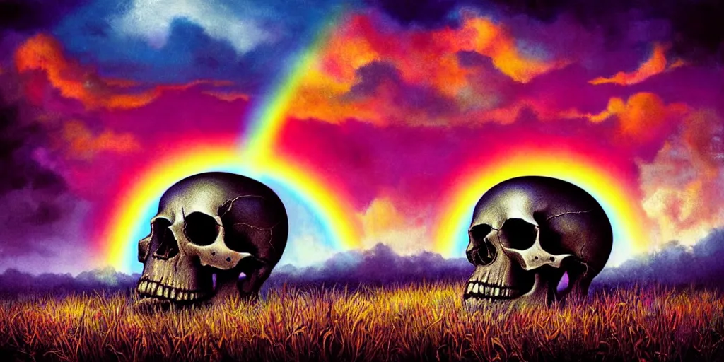 Prompt: a psychedelic scene of a decaying huge skull resting on the hill surrounded by grasses and colorful rainbow sky. cinematic lighting, atmospheric lighting, overcast, sharp - focus, ultra - detailed, ultra - realistic, overcast. by dan mumford, bruce pennington.