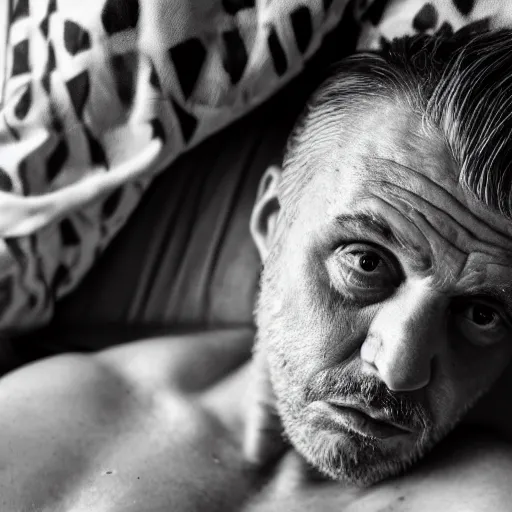 Image similar to black and white press photograph, highly detailed portrait of a depressed old tattooed drug dealer laying in bed, detailed face looking into camera, eye contact, natural light, mist, fashion photography, film grain, soft vignette, sigma 85mm f/1.4 1/10 sec shutter, Darren Aronofsky film still promotional image, IMAX 70mm footage