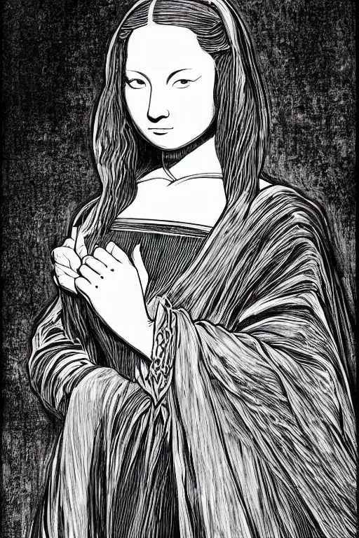 Image similar to beautiful portrait of a woman, negative no not mona lisa pose, highly detailed ink illustration of a dark alley of taipei, b & w clean shaped illustration by kim jung gi, ric estrada, ron english and eiichiro oda