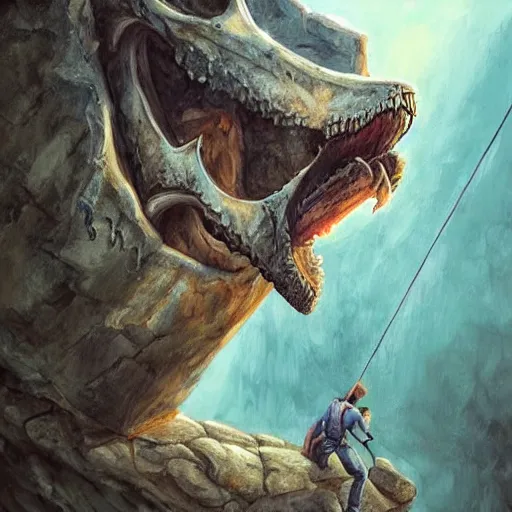 Prompt: rock climber climbing a giant ancient dragons skull, very detailed, fantasy art, dungeons and dragons, belaying, ropes, landscape, cover of national geographic