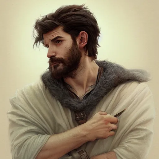 Prompt: portrait of a young, ruggedly handsome corgi, soft hair, muscular, half body, cloth, hairy, d & d, fantasy, intricate, elegant, highly detailed, digital painting, artstation, concept art, smooth, sharp focus, illustration, art by artgerm and greg rutkowski and alphonse mucha