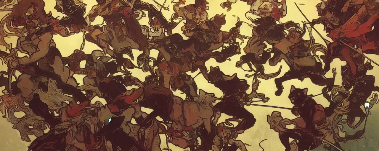 Image similar to cat crusaders charging into battle illustrated by alphonse mucha, atmospheric, artstation, high detail