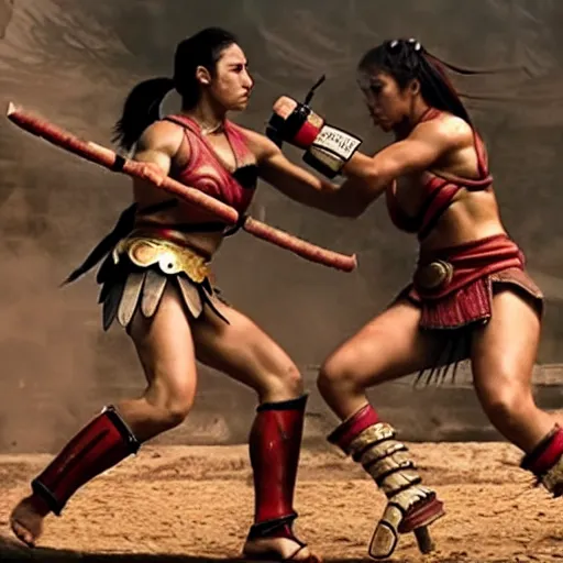 Image similar to athletic female amazon warriors fighting in the arena, cinematic, highly detailed, action movie