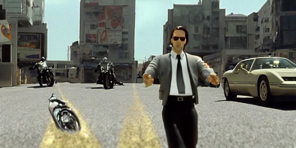 Image similar to beautiful hyperrealism three point perspective film still of Keanu Reeves as neo aiming two uzi at agent smith in a nice oceanfront promenade motorcycle chase scene in Matrix meets tintin(1990) extreme closeup portrait in style of 1990s frontiers in translucent porclein miniature street photography seinen manga fashion edition,, tilt shift style scene background, soft lighting, Kodak Portra 400, cinematic style, telephoto by Emmanuel Lubezki