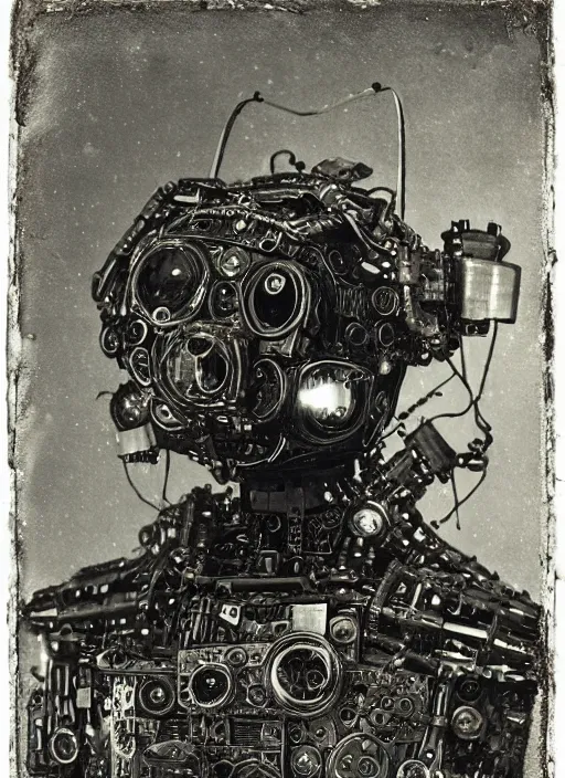 Image similar to old wetplate daguerreotype portrait of futuristic cyborg robot made from small screws and electrical wire, explosion of data fragments, fractal, intricate, elegant, highly detailed, parallax, leica, medium format, subsurface scattering, by jheronimus bosch and greg rutkowski and louis jacques mande daguerre