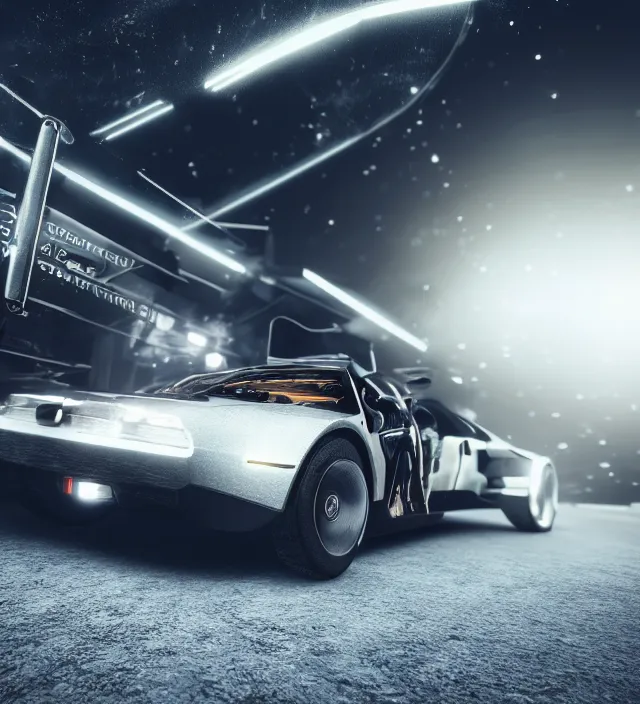 Image similar to hd photo of a beautiful luxury sportscar epic photorealistic portrait model girls racing technoir in squareenix vray noir vw beetle delorean style depth of field lens in flare leica zeiss detailed trending award winning on flickr artstation