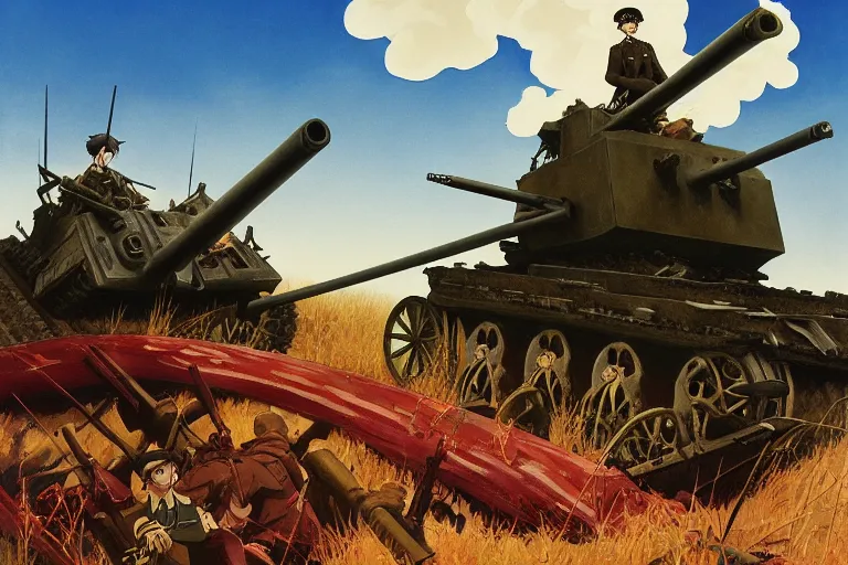 Prompt: anime key visual depicting the horrors of the 1 9 1 8 great war, anime maids riding early tanks, matriarchy, old bolt action rifles, biplanes in the sky, blood anguish terror death, style of jamie wyeth james gilleard edward hopper greg rutkowski acrylic painting, preserved museum piece, historical