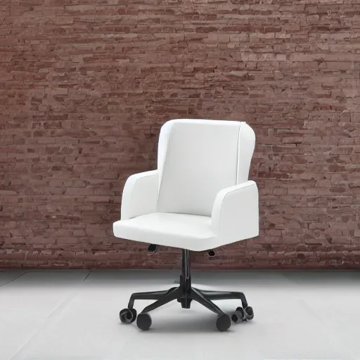 Image similar to office hair with white leather seat, circular curved wooden back, wheels, professional photography, 8k