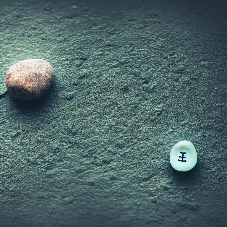 Image similar to photo of a large pebble with a glowing rune drawn on it. pebble is almost completely wrapped with copper wire. extremely high details, masterpiece, cinematic, octane rendering, depth of field, bokeh, cgsociety