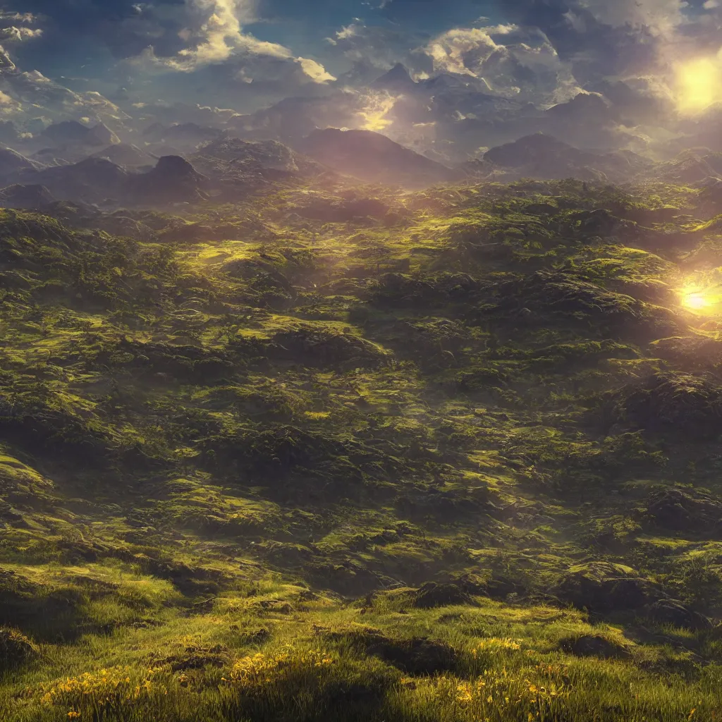 Image similar to sun path in the sky, a magical lush highland landscape in the background with mountains far away, hypermaximalistic, high details, cinematic, 8k resolution, beautiful detailed, insanely intricate details, artstation trending, octane render, unreal engine