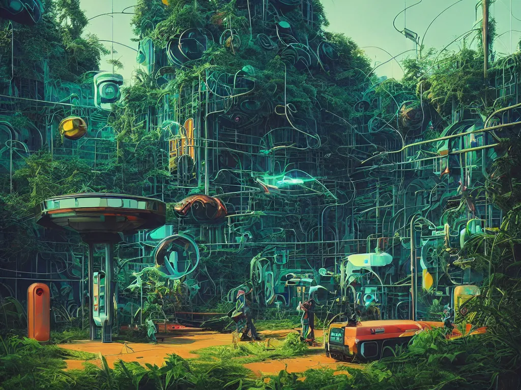 Image similar to 80s futuristic outdoor retro arcade, desolate, lush vegetation:: Simon Stålenhag and beeple and James Gilleard and Justin Gerard :: ornate, dynamic, particulate, intricate, elegant, highly detailed, centered, artstation, smooth, sharp focus, octane render, 3d