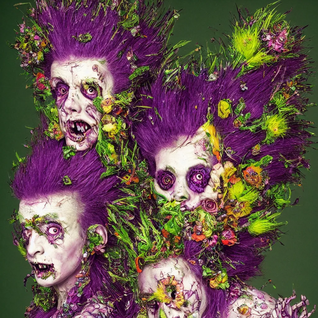 Prompt: a portrait of a punk rock zombie, full head and shoulders visible, purple mohawk, skin blossoming with crystals fruit and flowers, Baroque, art by Arcimboldo, art by Fragonard, expressionistic, neon green background