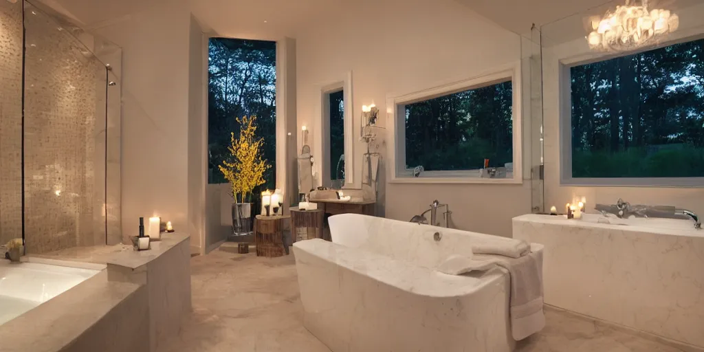 Prompt: a bathroom with a bubble bath and candles, large windows, night, light dog, interior design