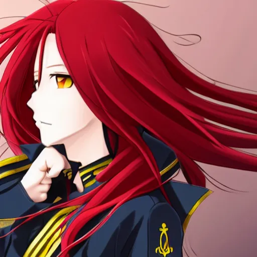 Image similar to anime girl with long red hair as a general, trending on pixiv