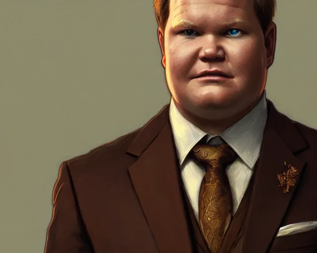 Prompt: close up of andy richter wearing a brown suit and necktie, focus, d & d, intricate, elegant, highly detailed, digital painting, artstation, concept art, matte, sharp focus, illustration, hearthstone, art by artgerm and greg rutkowski and alphonse mucha