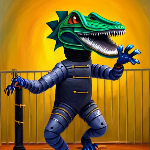 Image similar to an anthropomorphic male alligator fursona in fencing gear, furry art, oil on canvas, dramatic