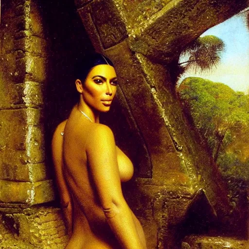 Prompt: detailed portrait of kim kardashian in mayan pyramid jungle ruins by rudolf ernst, john frederick lewis, jean - leon gerome, rudolf weisse, david roberts