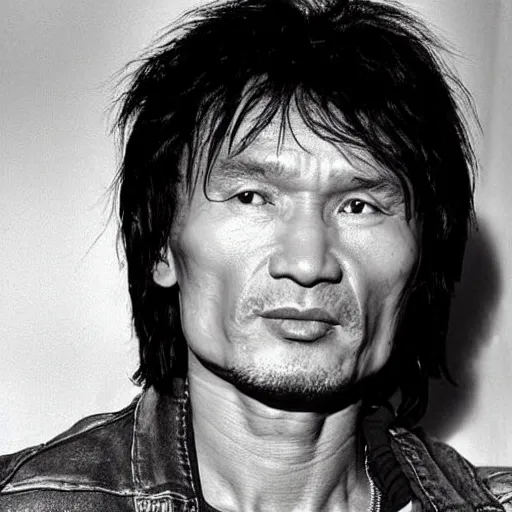 Image similar to viktor tsoi is a singer, aged 5 0. accurate and hyper - realistic symmetrical photo