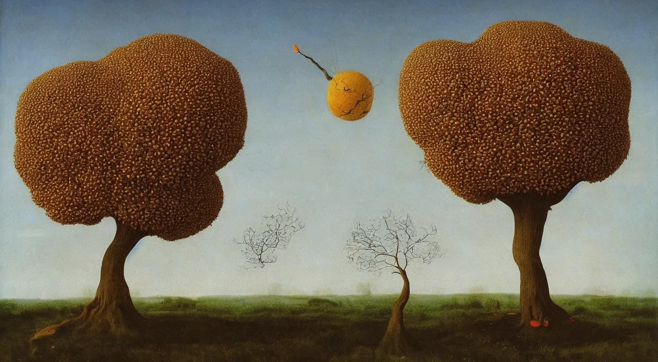 Image similar to one single! fungi tree floating in the clear sky, a high contrast!! ultradetailed photorealistic painting by jan van eyck, audubon, rene magritte, agnes pelton, max ernst, walton ford, hard lighting, masterpiece