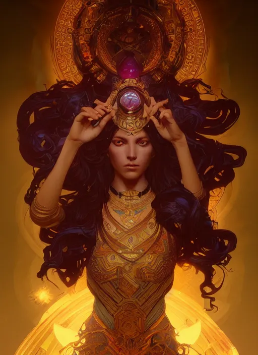 Image similar to Divine cosmic female power, glyphs, magic, artstation, high contrast, dramatic lighting, cgsociety, very detailed, intricate, detailed illustration, by artgerm and greg rutkowski and alphonse mucha, octane render, unreal engine, hyperrealism