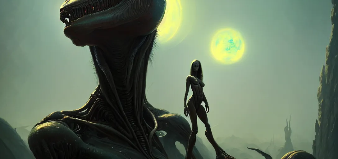 Prompt: female alien creatures with realistic human faces on an alien world, artstyle greg rutkowski, model pose, very intricate details, high resolution, 4 k