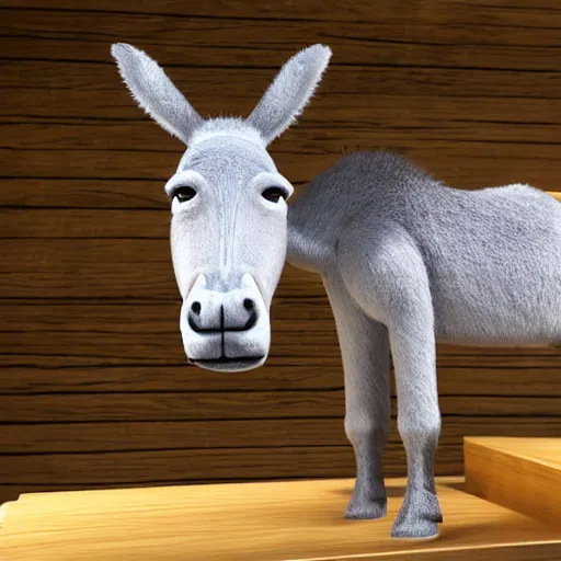 Prompt: a donkey on a table, 4 k, very realistic, photorealistic, very detailed, volumetric lighting