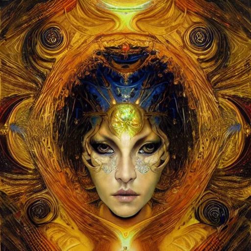 Image similar to Divine Chaos Engine by Karol Bak, Jean Deville, Gustav Klimt, and Vincent Van Gogh, beautiful visionary mystical portrait, sacred, otherworldly, fractal structures, Surreality, SpiralDeeArts, ornate gilded medieval icon, third eye, spirals