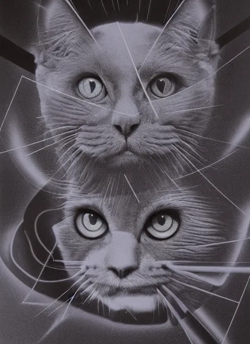 Image similar to futuristic lasers tracing, laser cat, selkirk rex longhair, by steven meisel, kaws, rolf armstrong, mondrian, kandinsky, perfect geometry abstract acrylic, octane hyperrealism photorealistic airbrush collage painting, dark monochrome, fluorescent colors, minimalist rule of thirds, eighties eros