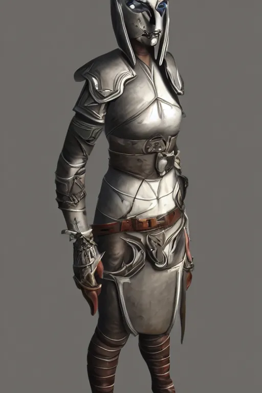 Image similar to female adventurer in tight full - body leather armor of dunmer design with white porcelain crow mask, trending in artstation, establishing shot