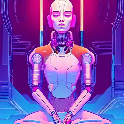 Image similar to a portrait of a beautiful cybernetic woman meditating in lotus pose, cyberpunk concept art by josan gonzales and jean claude meziere and syd mead