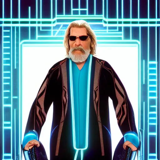 Prompt: dude lebowski played by jeff bridges in tron movie realm, photorealistic movie still, detailed 8 k, poster style, high resolution