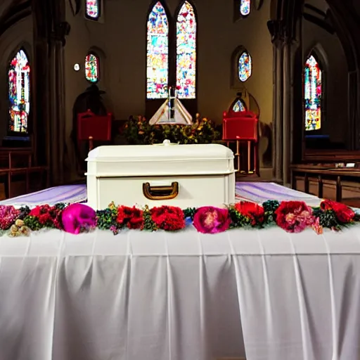 Prompt: A funeral photo with a RGB coffin in a church, RGB coffin in a church, coffin with RGB lighting at a funeral in a church