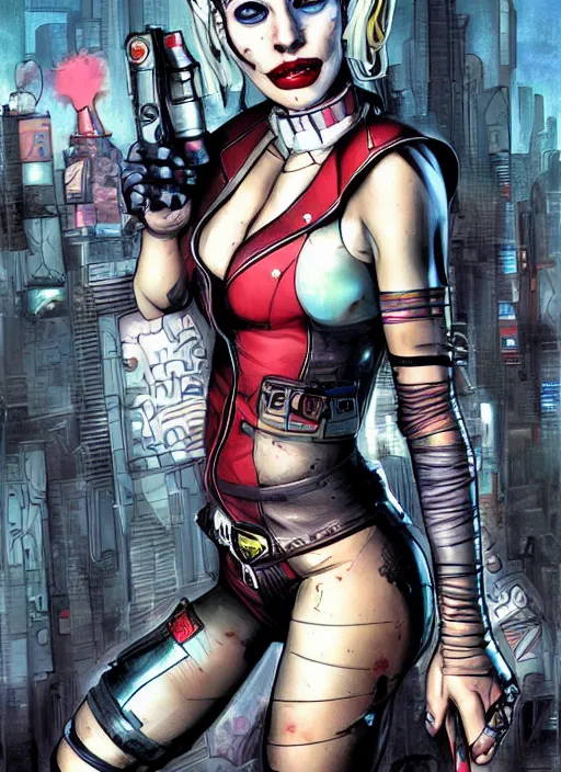 Image similar to a dream portrait of cyberpunk Harley Quinn in post apocalyptic Gotham art by Paul Dini, Joe Chiodo