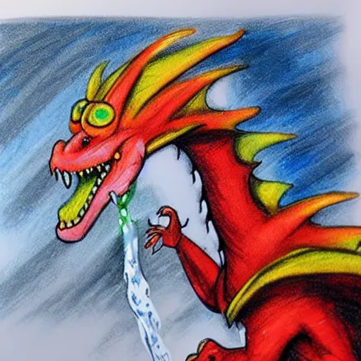 Image similar to firefighters using water against a fire - breathing dragon, pencil art, fire, colorful