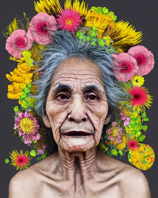 Image similar to a portrait of a beautiful fleshy old mexican woman who is surprised she is still alive, covered in flowers in the style of guiseppe arcimboldo and james jean, covered in wispy gray hair with a hint of neon, mixed media, hd, 3 d
