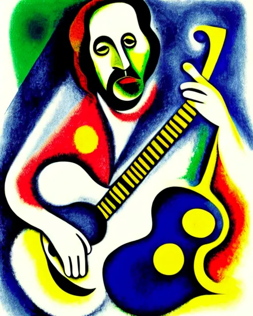 Prompt: a cubism portrait of willie nelson hugging his guitar, in the style of marc chagall, digital art, muted color