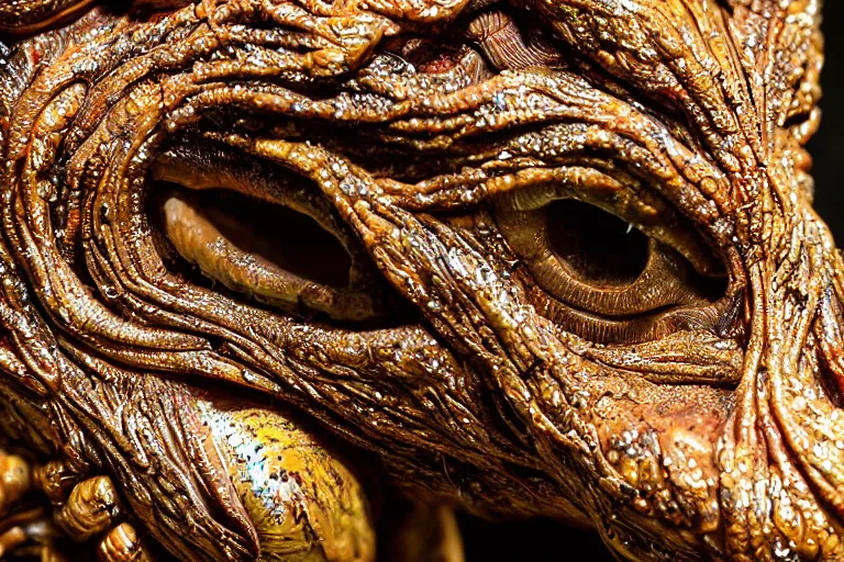 Image similar to photo taken of an epic intricate, ultra detailed, super realistic sculpture of a wet, slimy, nightmarish hellish demonic trllobite creature on display in a workshop, created by weta workshop, zoomed in shots, photorealistic, sharp focus, f 0. 4, face centred, macro photography, golden ratio, golden hour