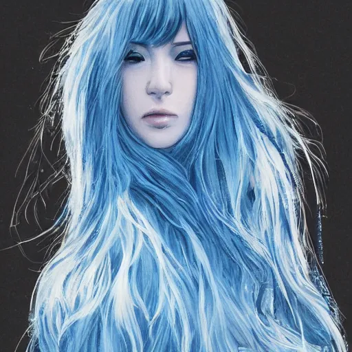 Image similar to full face shot of rimuru tempest, sky blue straight hair, long bangs, with amber eyes, wearing a black jacket, high collar, ultra detailed, concept art, award winning photography, digital painting, cinematic, wlop artstation, closeup, pixiv, evil, yoshitaka amano, andy warhol, ilya kuvshinov,