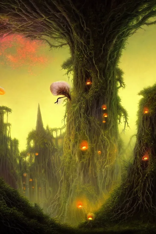 Image similar to a beautiful digital illustration painting of a detailed gothic fantasy fireflies and roots, dark mushroom, flowers ruins beautiful dragon by benoit b. mandelbrot, steven belledin, martin johnson heade, lee madgwick, caspar david friedrich, and david rios ferreira. 8 k resolution trending on artstation concept art digital illustration