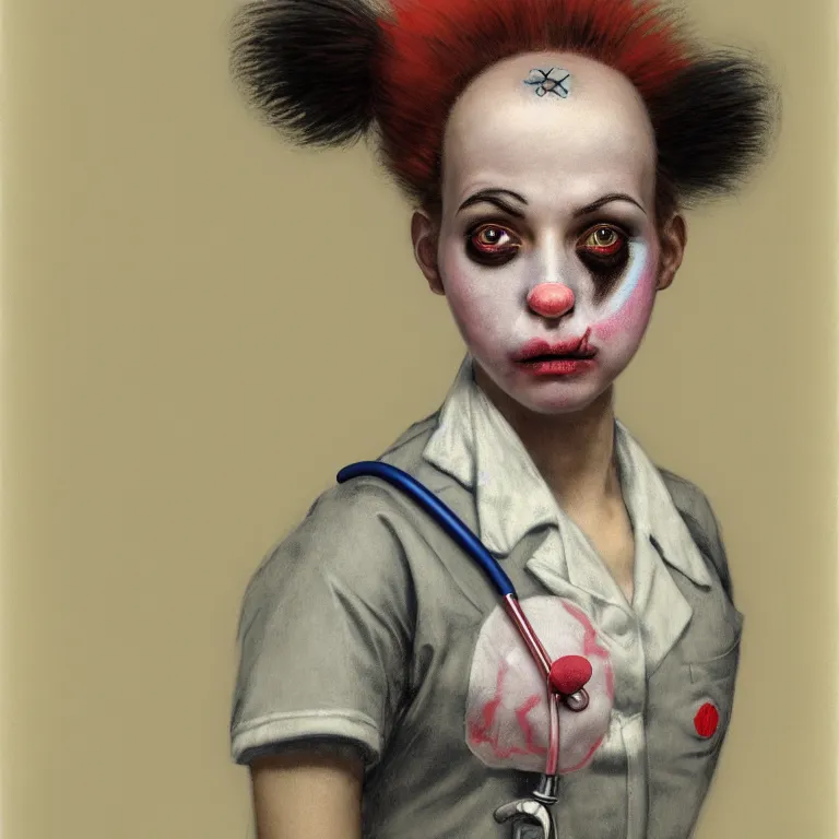 Image similar to clowncore pastel punk young hospital nurse wearing stylish uniform. detailed, portrait, 8 k, artwork by jean - baptiste monge