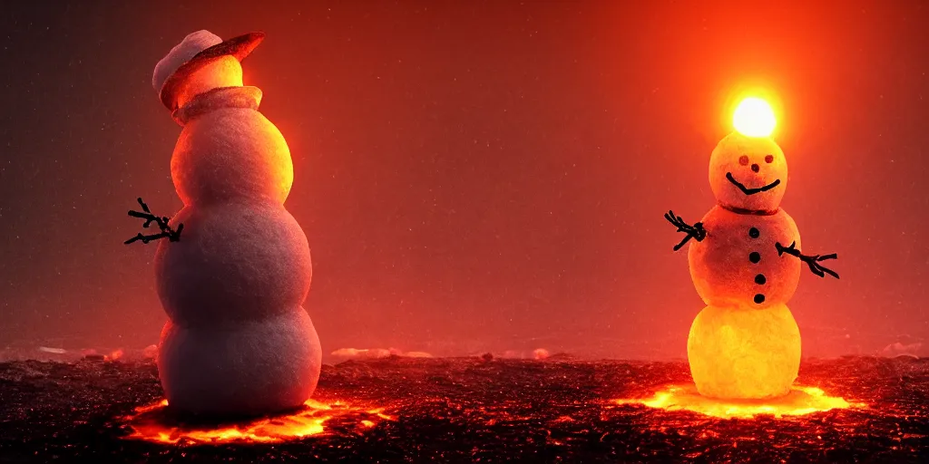 Image similar to a melted glowing snowman melting on top of the sun. the ground is made of fire and lava and is glowing orange. cinematic, dramatic, epic, volumetric lighting, atmospheric, red, orange extremely coherent, masterpiece, highly detailed, trending on artstation, 8 k, space, warm, solar flare, blade runner 2 0 4 9