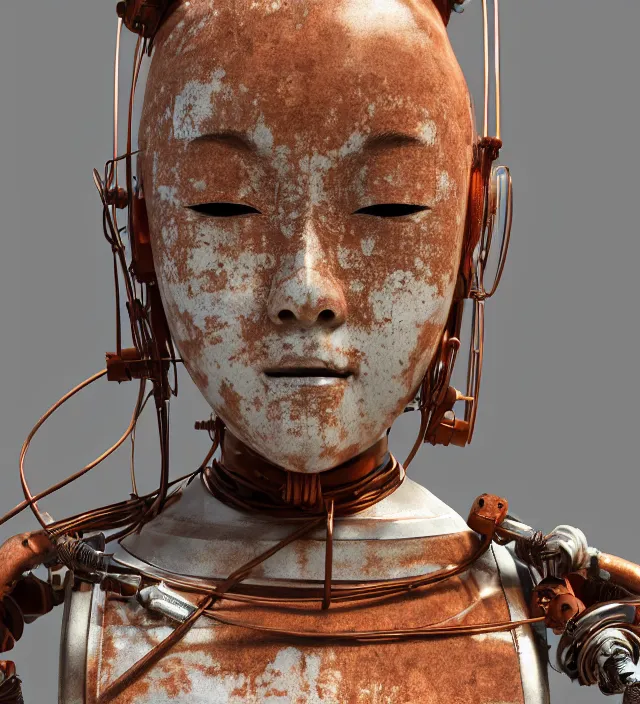 Image similar to portrait of a slightly rusty japanese robotic geisha with wires and actuators, porcelain white face, dramatic lighting, hyper - realistic, ultra - realistic, intricate details, 8 k ultra high definition, octane render