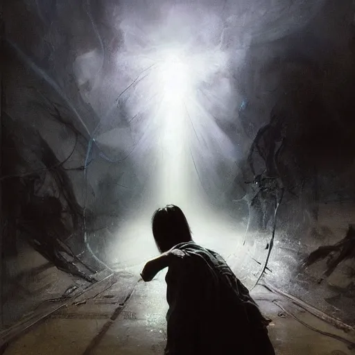 Image similar to a latino 1 5 year old boy with long black hair opens a dark portal to the void. dramatic. cinematic. detailed. sharp. photo realistic. realism. repin. phil hale. ruan jia