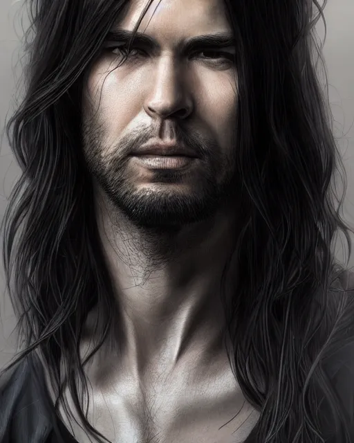 Image similar to portrait of tall, tired 3 3 - year - old handsome man with long black hair, grey eyes, wearing black clothes, hyper realistic face, beautiful eyes, character art, art by mark brooks, hyperdetailed, cryengine, trending on artstation, digital art