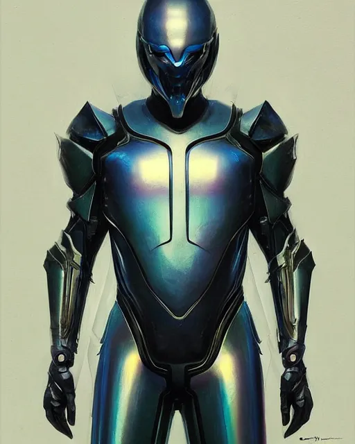 Image similar to character concept of iridescent sinewy smooth male muscular sleek glossy indigo black pearlescent scifi armor with smooth black featureless helmet, by greg rutkowski, mark brookes, jim burns, tom bagshaw, magali villeneuve, trending on artstation