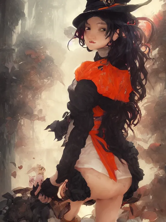 Prompt: Full shot of a cute mischievous young witch about to get up to some trouble. Latin inspired fashion. Black and Orange palette. Latina with braces. By Ruan Jia and Artgerm and Range Murata and WLOP and CLAMP and Loish. Key Art. Fantasy Illustration. award winning, Artstation, intricate details, realistic, Hyperdetailed, 8k resolution.