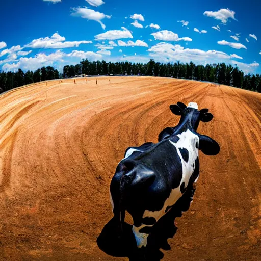 Image similar to a cow standing on a motocross track, fisheye lens