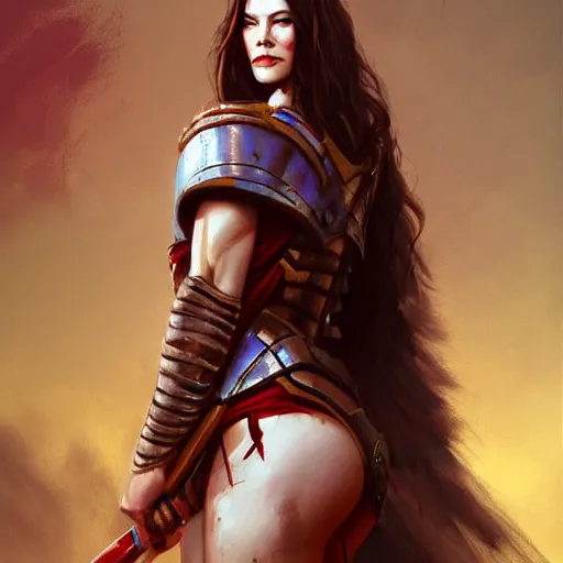 Image similar to liv tyler as a warrior maiden by wlop and glen rutkowski, mate painting, concept art, artstation