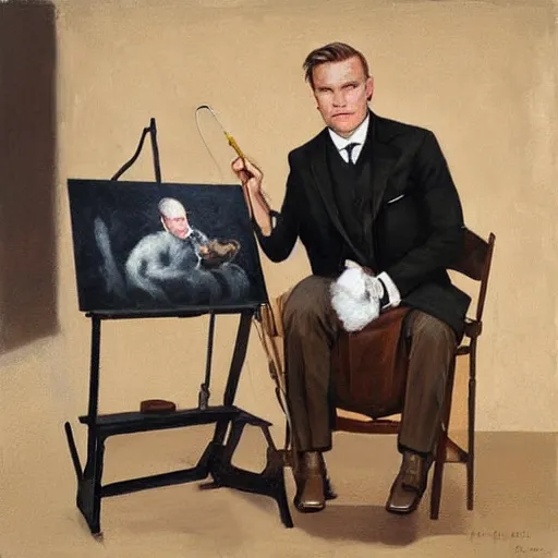 Image similar to clean shaven mcgregor is dressed as a gentleman at early 2 0 th century paris. he is watching an easel. that easel has a canvas on it. ewan mcgregor has a brush on his hand. he is painting a painting. there is a small brown cat with yellow eyes on ewan mcgregors feet. ewan mcgregor ´ s back