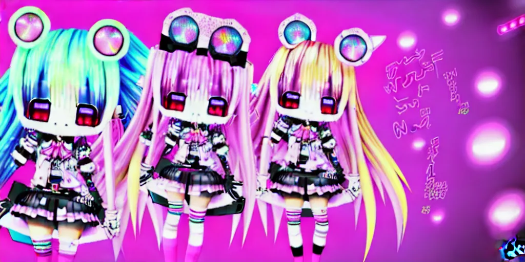 Prompt: 3 d anime render of a decora gyaru kawaii cybergoth emo fashion model vtuber, in a cyberpunk blade runner maximalist city of my melody sanrio plushies, artstation cgsociety